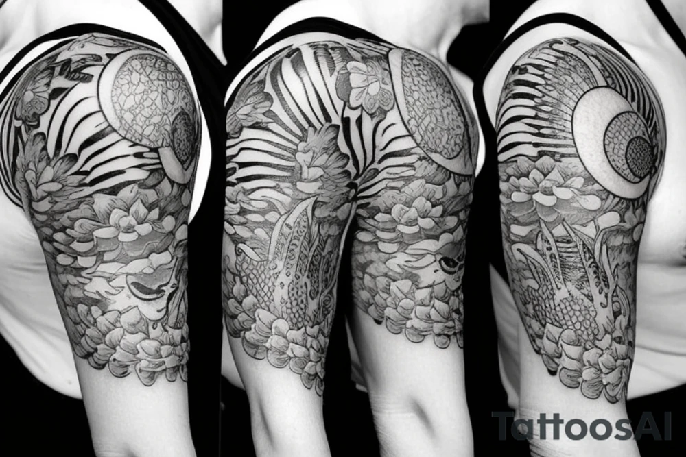 Start a sleeve with Lotus flower with a koi fish swimming towards a clock on the shoulder musical notes and a tiger’s eye tattoo idea