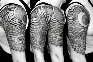 Start a sleeve with Lotus flower with a koi fish swimming towards a clock on the shoulder musical notes and a tiger’s eye tattoo idea
