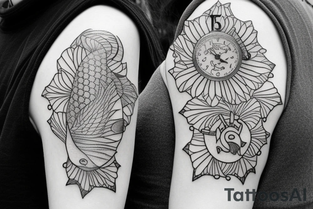 Start a sleeve with Lotus flower with a koi fish swimming towards a clock on the shoulder musical notes and a tiger’s eye tattoo idea