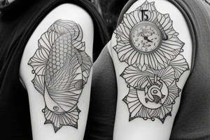 Start a sleeve with Lotus flower with a koi fish swimming towards a clock on the shoulder musical notes and a tiger’s eye tattoo idea