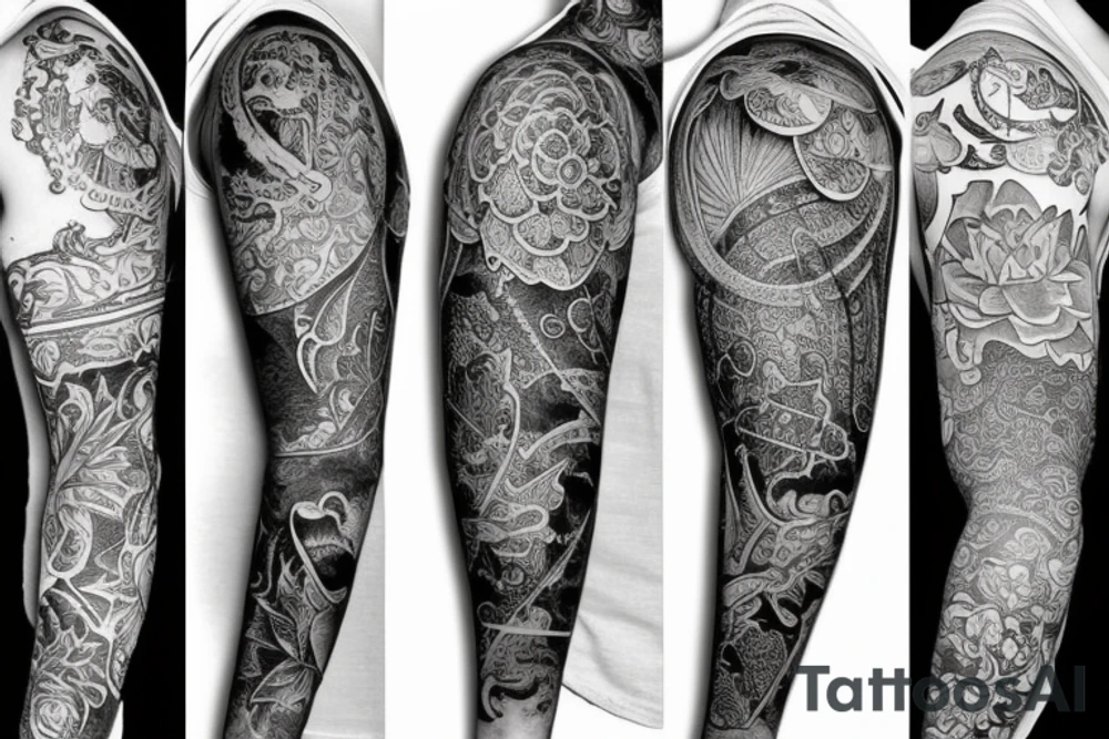 sleeve with Lotus flower and koi fish on top and antique clock tattoo idea