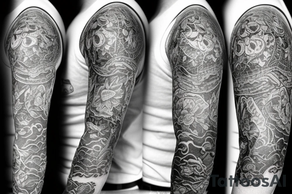 sleeve with Lotus flower and koi fish on top and antique clock tattoo idea