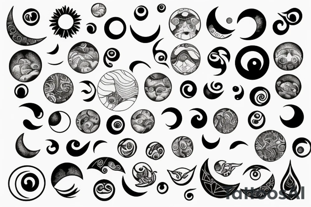 Big sun with smaller moon phases tattoo idea