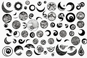 Big sun with smaller moon phases tattoo idea