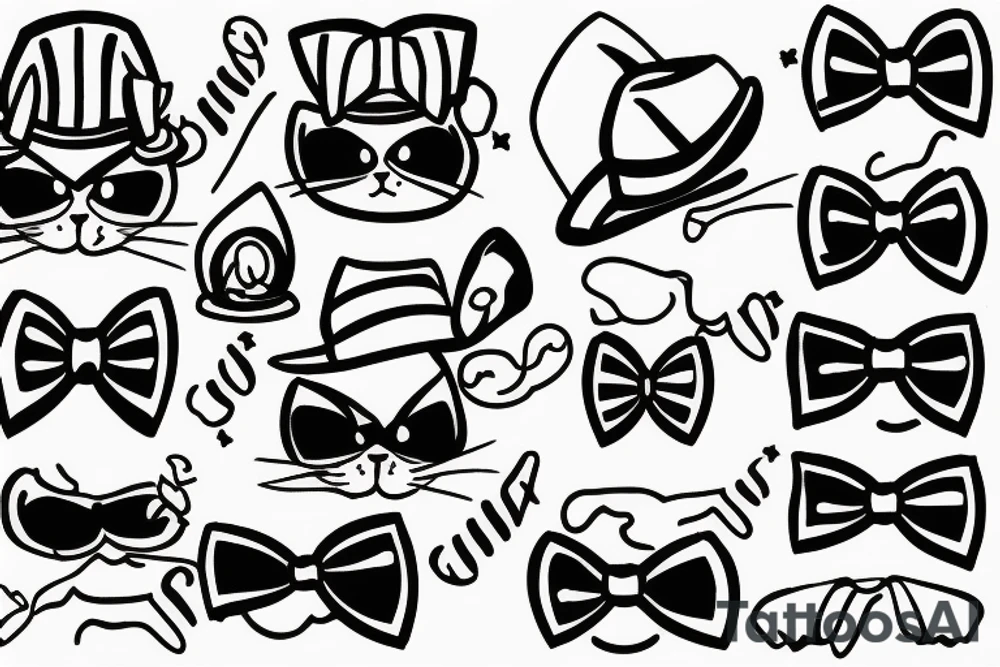 cat with a bow tie and a hat tattoo idea