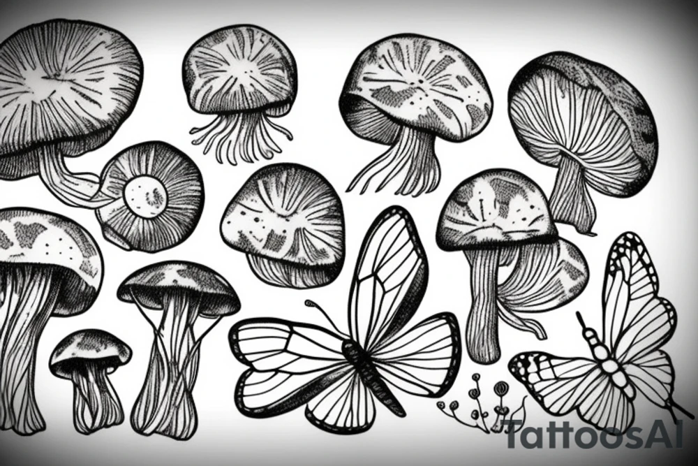 Mushrooms with leaves and butterfly tattoo idea