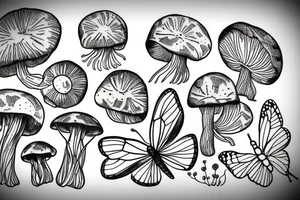 Mushrooms with leaves and butterfly tattoo idea