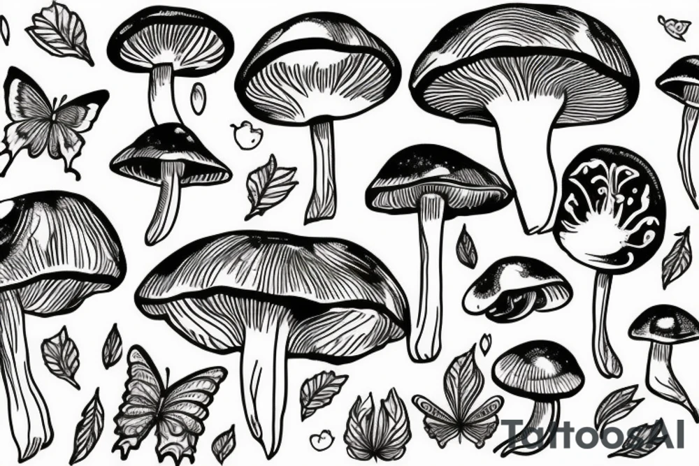 Mushrooms with leaves and butterfly tattoo idea