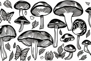 Mushrooms with leaves and butterfly tattoo idea