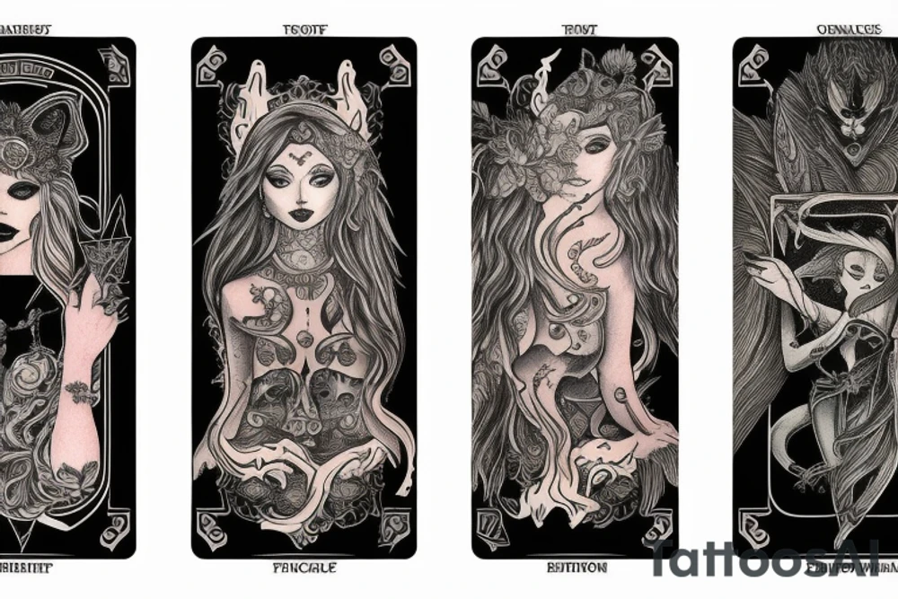 Tarot card, tattooed woman, wolf tattoo idea
