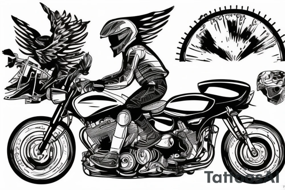 A person riding a motorbike in to the mountain valley tattoo idea