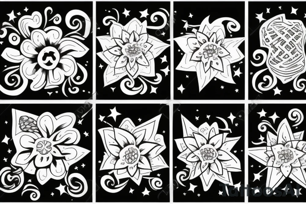 family sign, flowers and stars tattoo idea