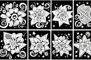 family sign, flowers and stars tattoo idea