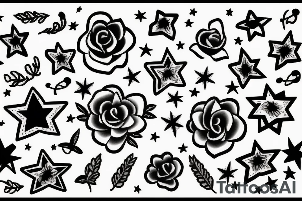 family sign, flowers and stars tattoo idea