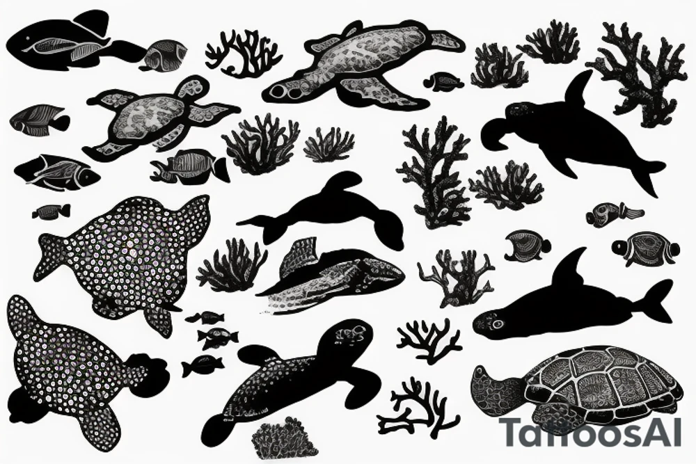 Silhouette of a man swimming in a coral reef above fish and turtles tattoo idea