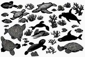 Silhouette of a man swimming in a coral reef above fish and turtles tattoo idea