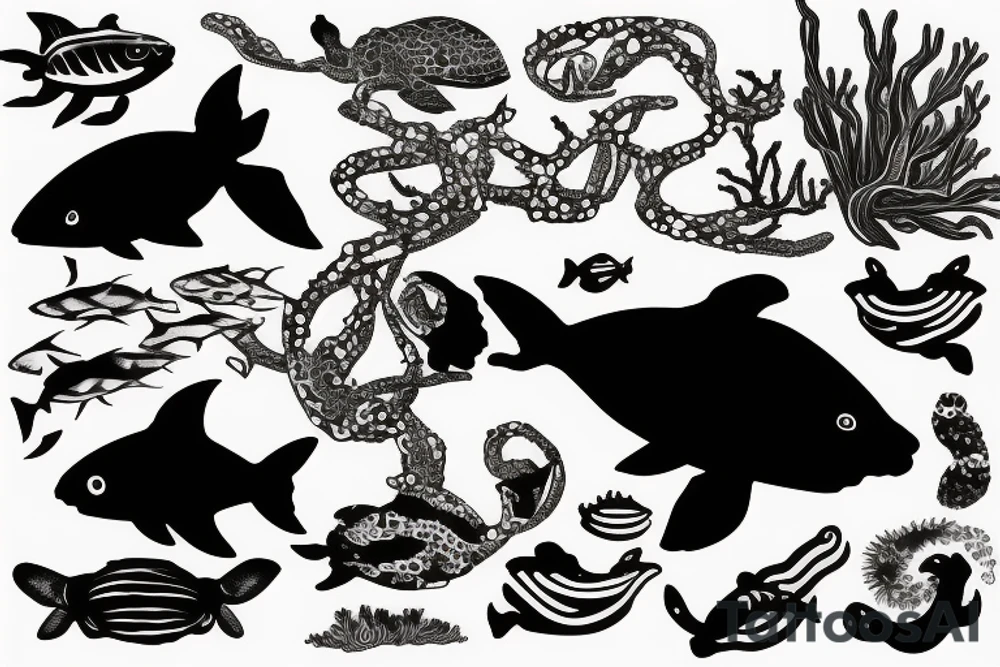 Silhouette of a man swimming in a coral reef above fish and turtles tattoo idea