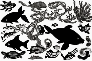 Silhouette of a man swimming in a coral reef above fish and turtles tattoo idea
