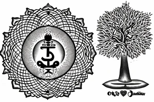 Buddah, om position, seven chakras, four elements, tree, magical tattoo idea