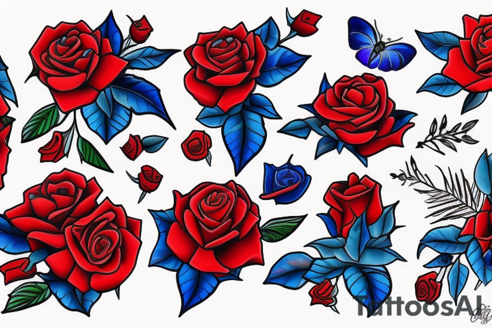 blue and red roses tattoo idea