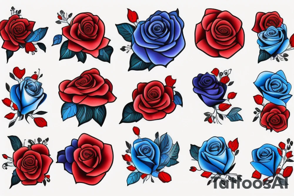 blue and red roses tattoo idea