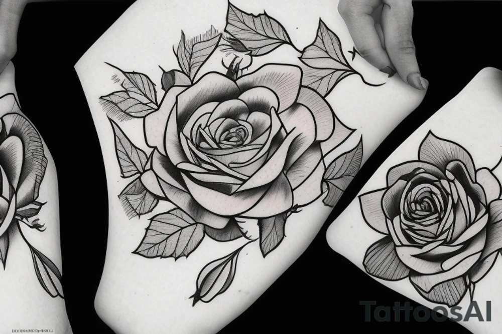 huge rose in center with leafs tattoo idea