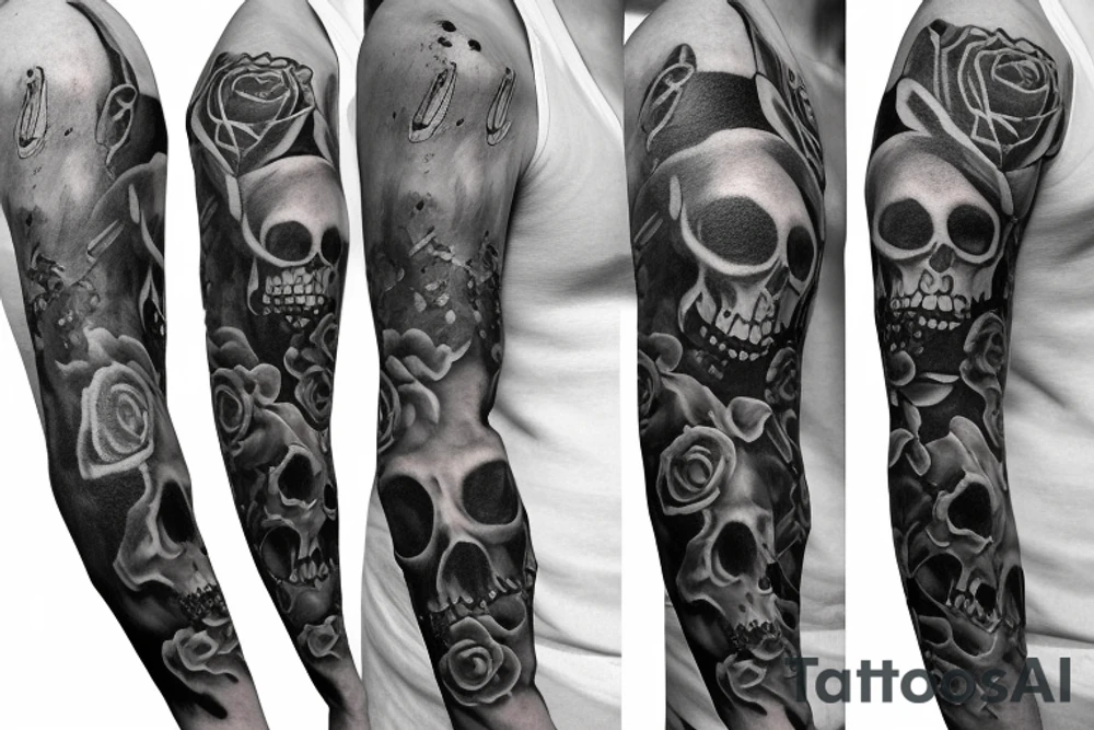 skull black and grey tattoo design for arm sleeve complete design with realistic smoke tattoo idea