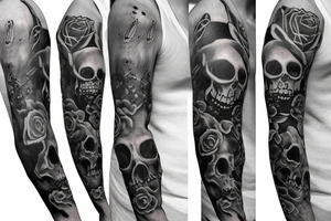 skull black and grey tattoo design for arm sleeve complete design with realistic smoke tattoo idea