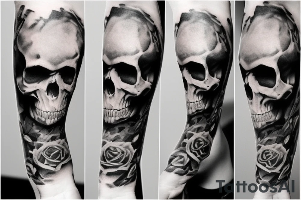 skull black and grey tattoo design complete design with realistic smoke tattoo idea