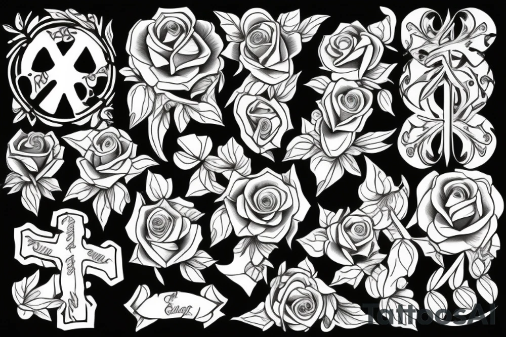 cross with roses and peace doves tattoo idea