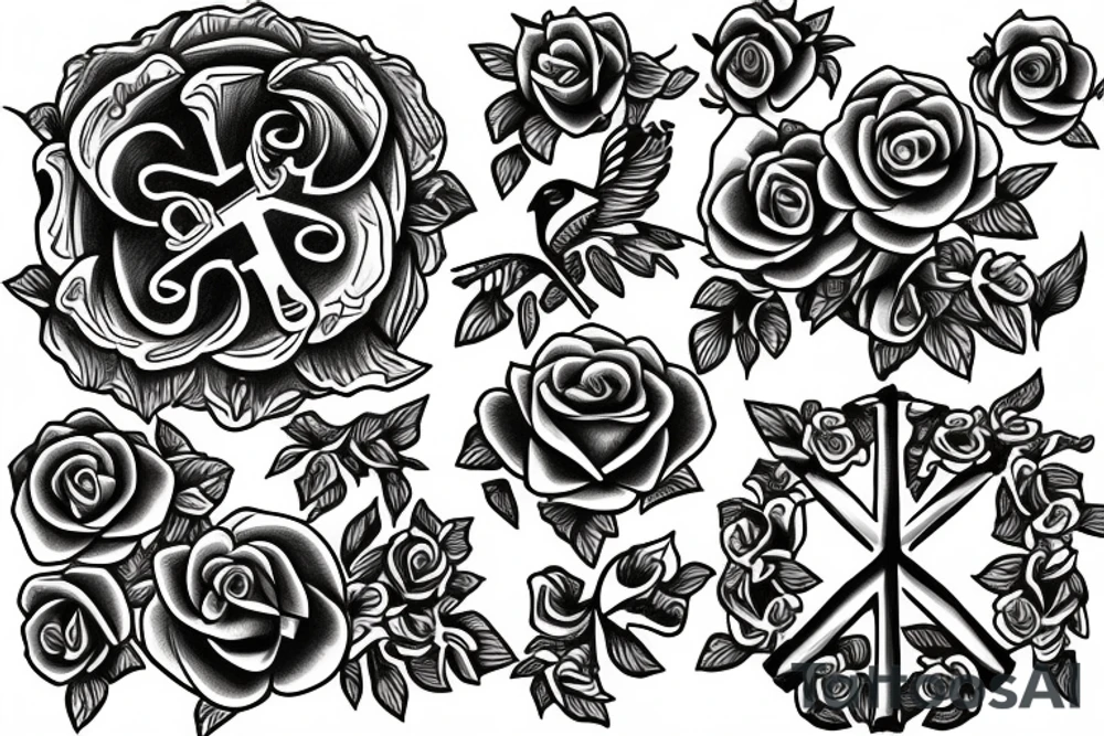 cross with roses and peace doves tattoo idea