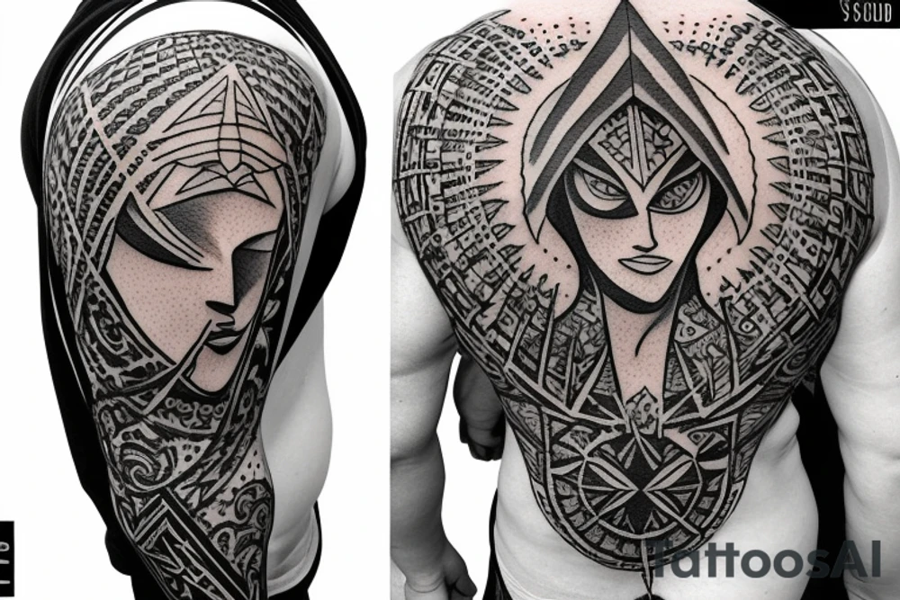 Full back Assassin creed with sun in hand tattoo idea