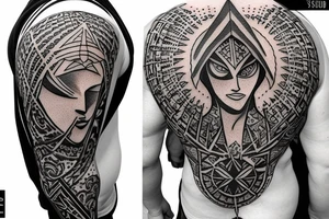 Full back Assassin creed with sun in hand tattoo idea