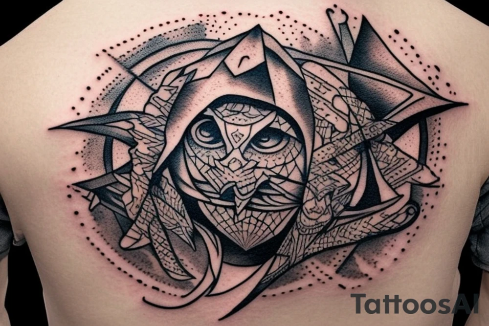 Full back Assassin creed with sun in hand tattoo idea