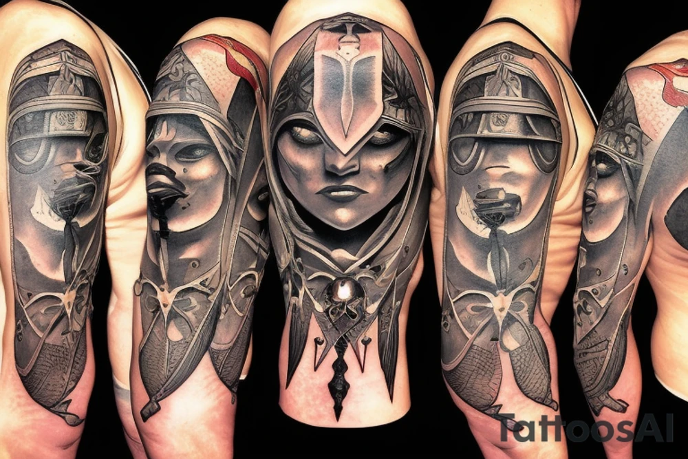 leg Assassin creed with sun in hand tattoo idea