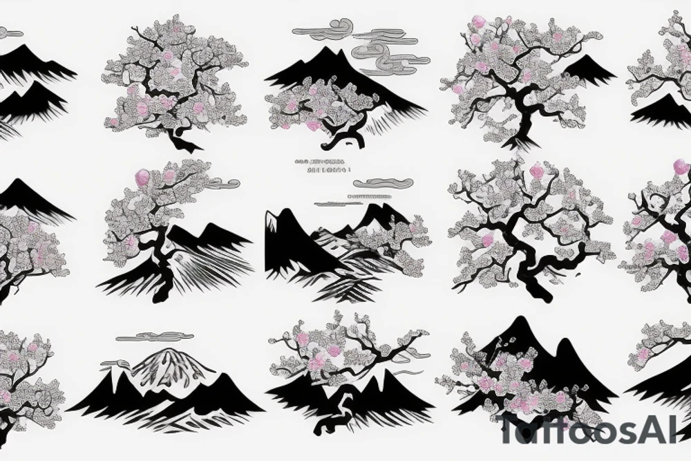 Cherrytree blossoming with mountain background tattoo idea