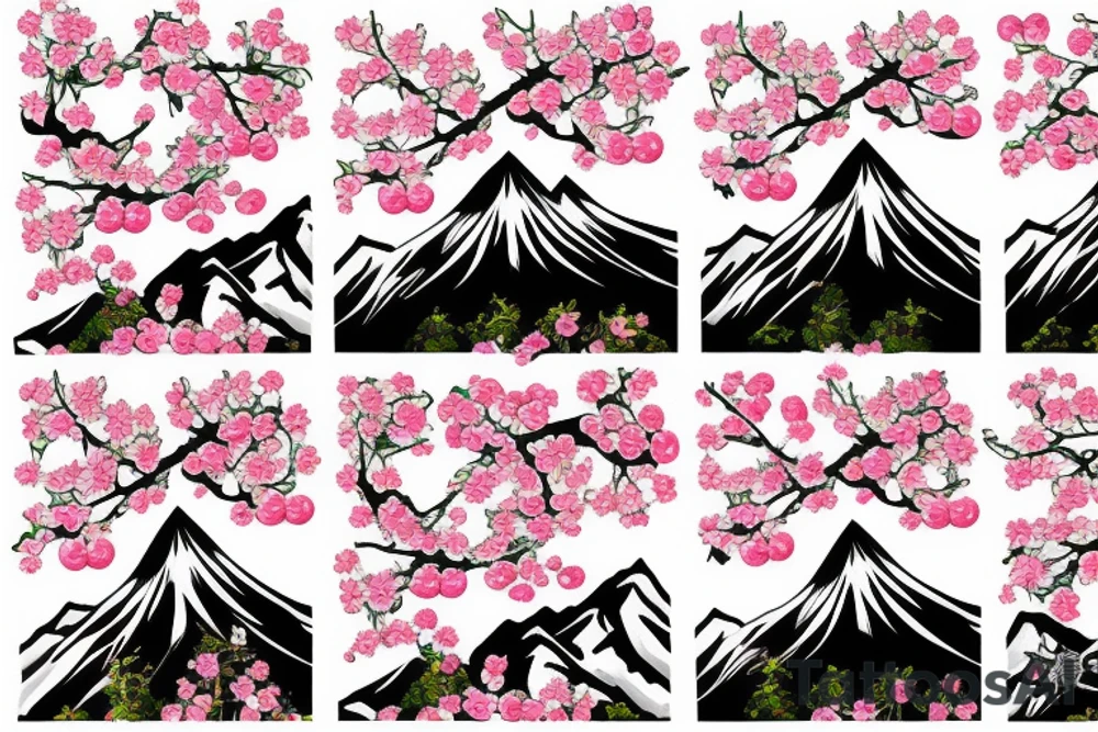 Cherry tree blossoming in the wind with mountain background tattoo idea