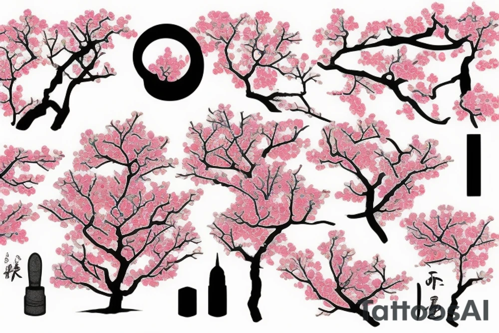 Cherry tree blossoming in the wind with mountain background tattoo idea