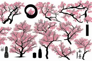 Cherry tree blossoming in the wind with mountain background tattoo idea