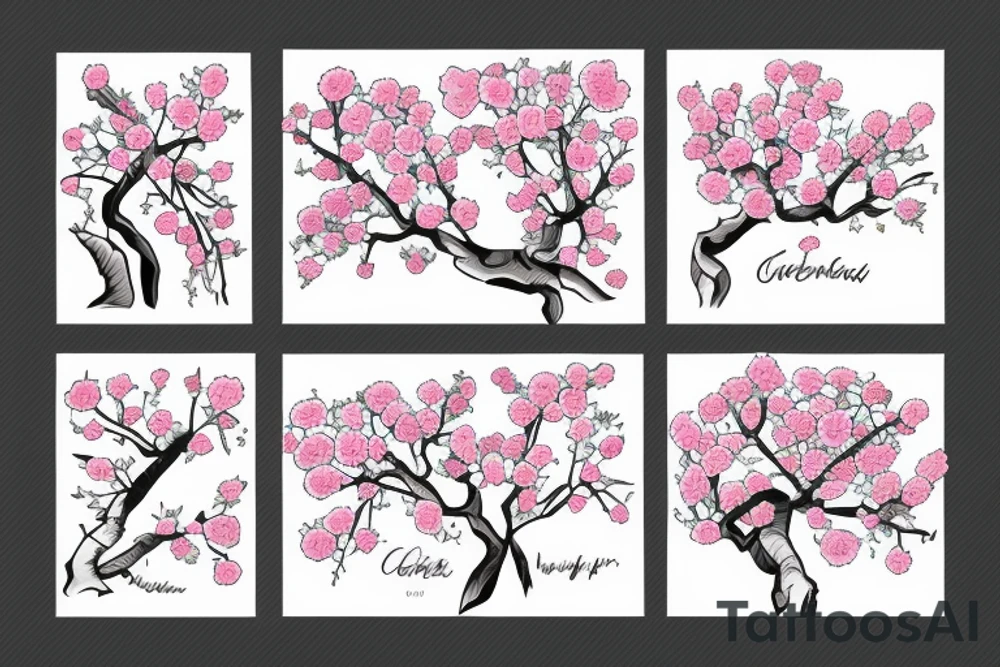 Cherry tree blossoming in the wind with mountain background tattoo idea