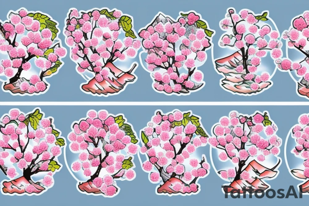 Cherry tree blossoming with flowers in the air with mountain in the background tattoo idea