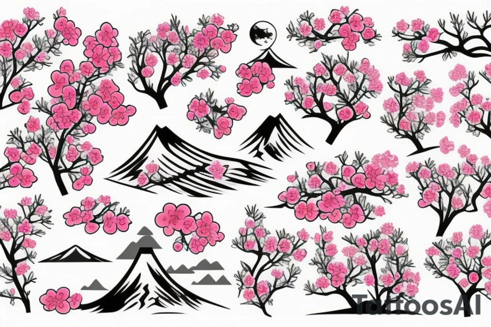 Cherry tree blossoming with flowers in the air with mountain in the background tattoo idea