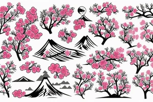 Cherry tree blossoming with flowers in the air with mountain in the background tattoo idea