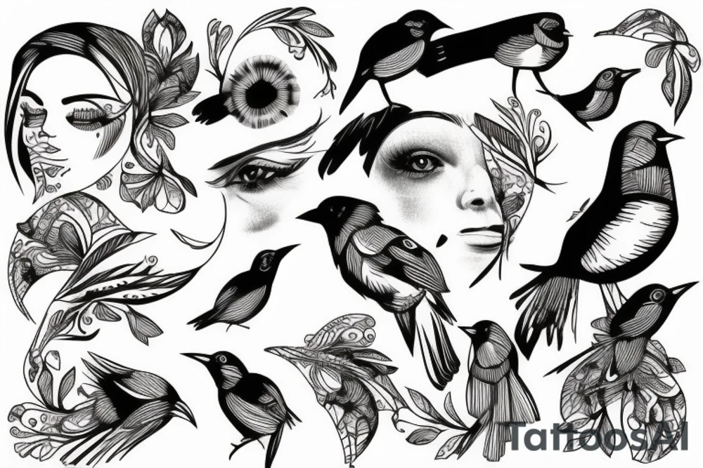 Fine line face with bird tattoo idea