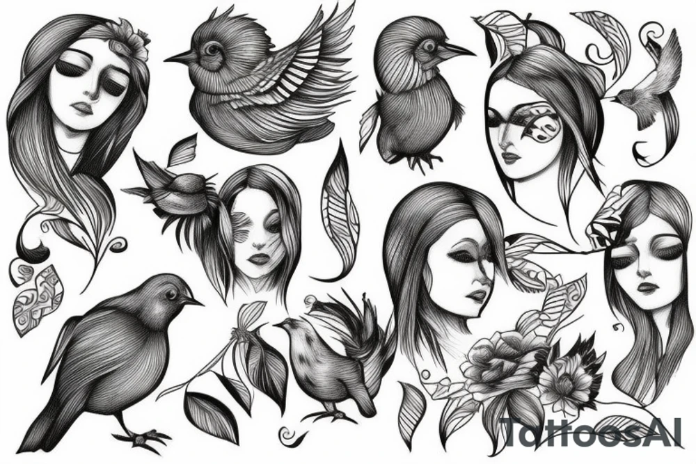 Fine line face with bird tattoo idea