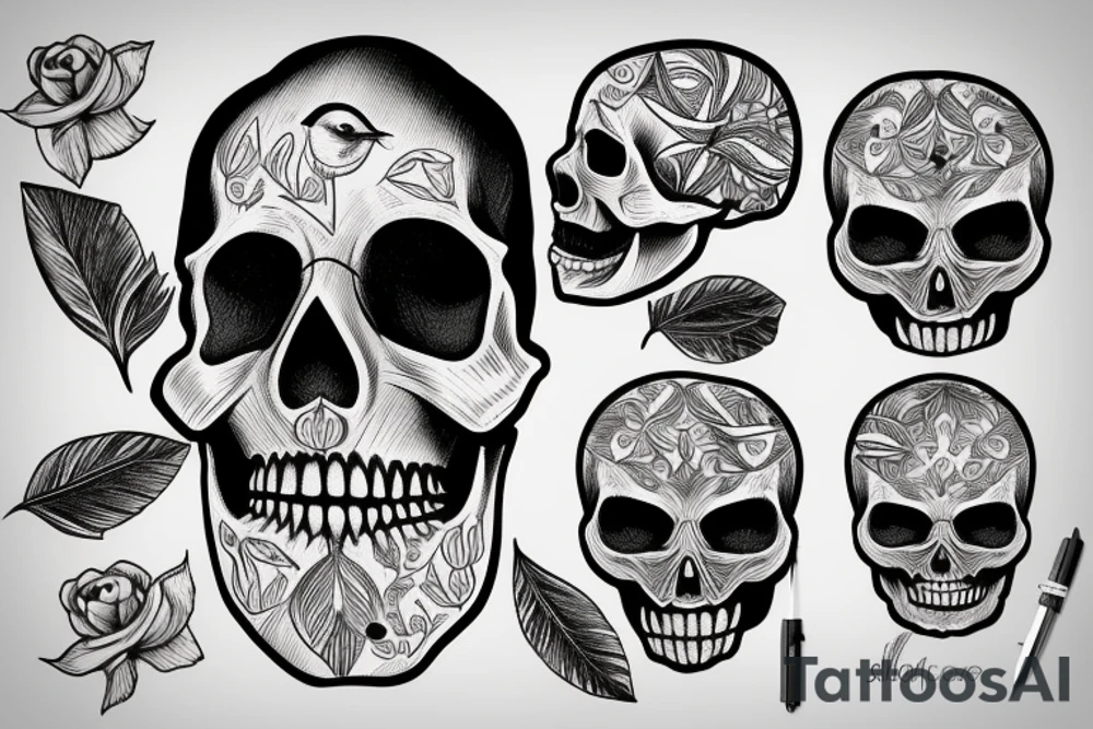 Fine line face skull with bird tattoo idea
