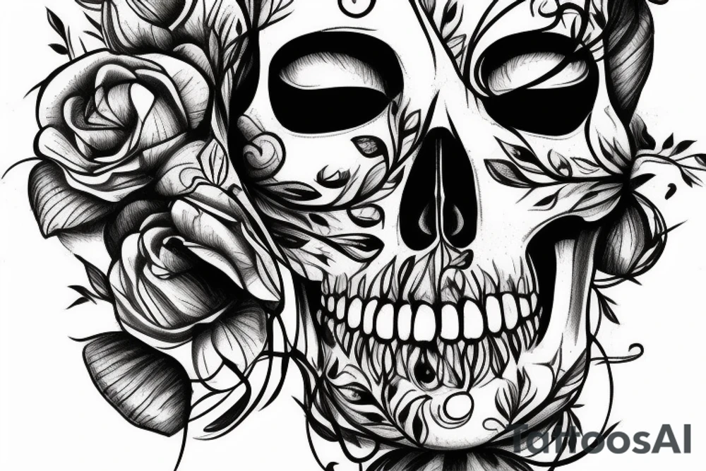 Fine line face skull with bird tattoo idea