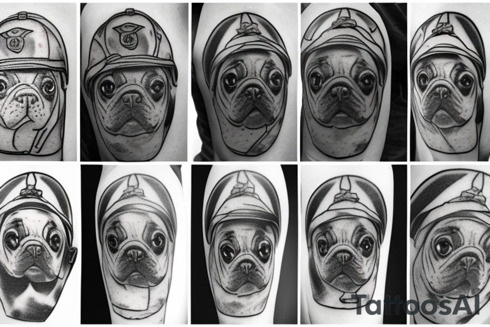 Traditional pug with World War II helmet tattoo idea