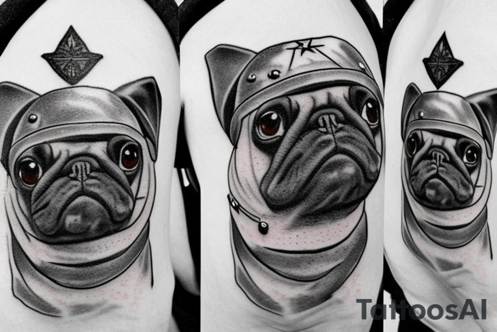 Traditional style pug with World War II helmet tattoo idea