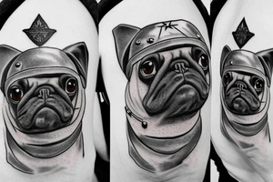 Traditional style pug with World War II helmet tattoo idea